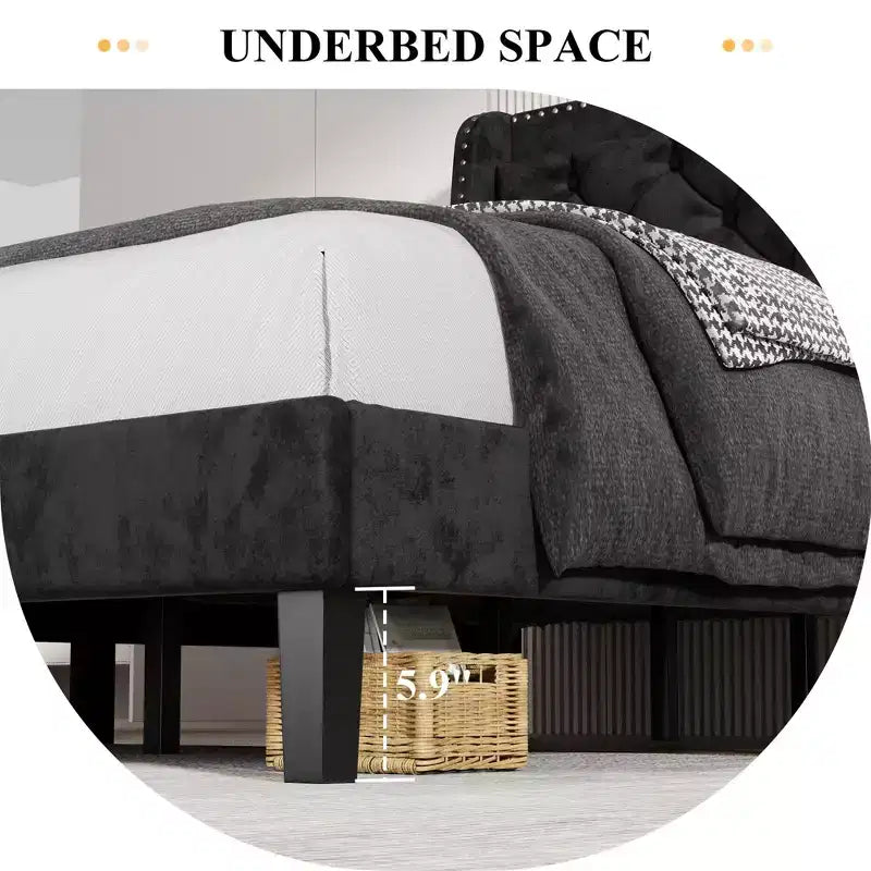 Celebalcony Bed Frame with Wingback Headboard, Queen Size Bed Frame with Tufted and Velvet Fabric, Wood Slats Support, No Box Spring Needed, Black