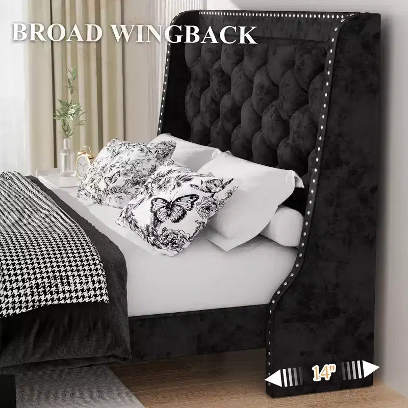 Celebalcony Bed Frame with Wingback Headboard, Queen Size Bed Frame with Tufted and Velvet Fabric, Wood Slats Support, No Box Spring Needed, Black