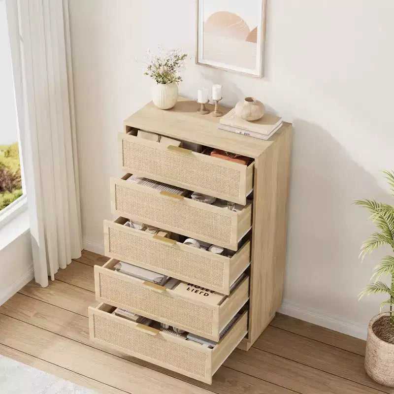 Commode 5 tiroirs en rotin pour chambre à coucher, Corps de meuble et pieds intégrés, Commode en bois pour couloirs, entrées et placards, Montage facile
