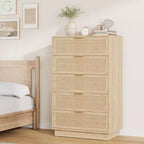 Commode 5 tiroirs en rotin pour chambre à coucher, Corps de meuble et pieds intégrés, Commode en bois pour couloirs, entrées et placards, Montage facile