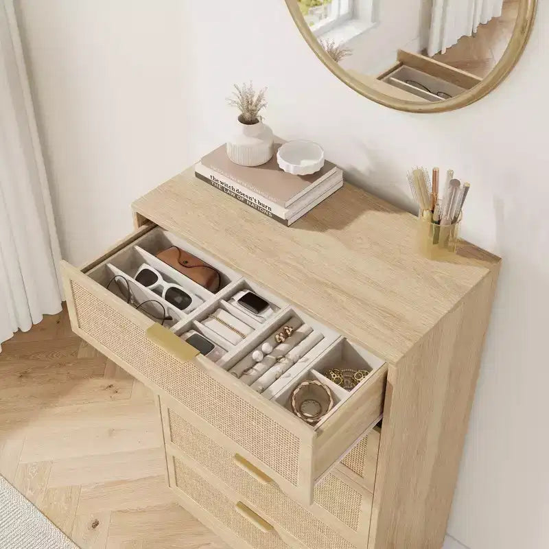 Commode 5 tiroirs en rotin pour chambre à coucher, Corps de meuble et pieds intégrés, Commode en bois pour couloirs, entrées et placards, Montage facile