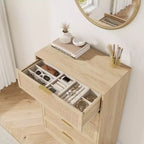 Commode 5 tiroirs en rotin pour chambre à coucher, Corps de meuble et pieds intégrés, Commode en bois pour couloirs, entrées et placards, Montage facile