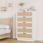 Commode 5 tiroirs en rotin pour chambre à coucher, Corps de meuble et pieds intégrés, Commode en bois pour couloirs, entrées et placards, Montage facile