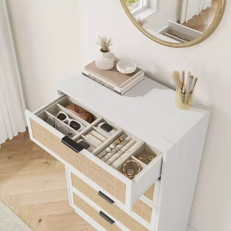 Commode 5 tiroirs en rotin pour chambre à coucher, Corps de meuble et pieds intégrés, Commode en bois pour couloirs, entrées et placards, Montage facile