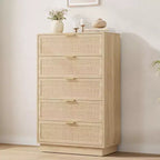 Commode 5 tiroirs en rotin pour chambre à coucher, Corps de meuble et pieds intégrés, Commode en bois pour couloirs, entrées et placards, Montage facile