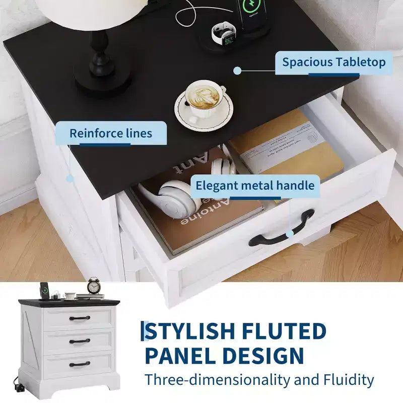 Table de chevet moderne Acekool style ferme avec station de recharge, table d'appoint rustique à 3 tiroirs pour chambre et salon