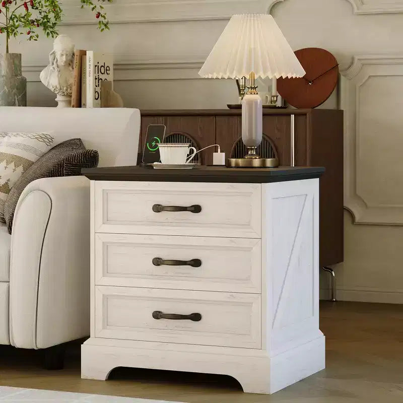 Table de chevet moderne Acekool style ferme avec station de recharge, table d'appoint rustique à 3 tiroirs pour chambre et salon