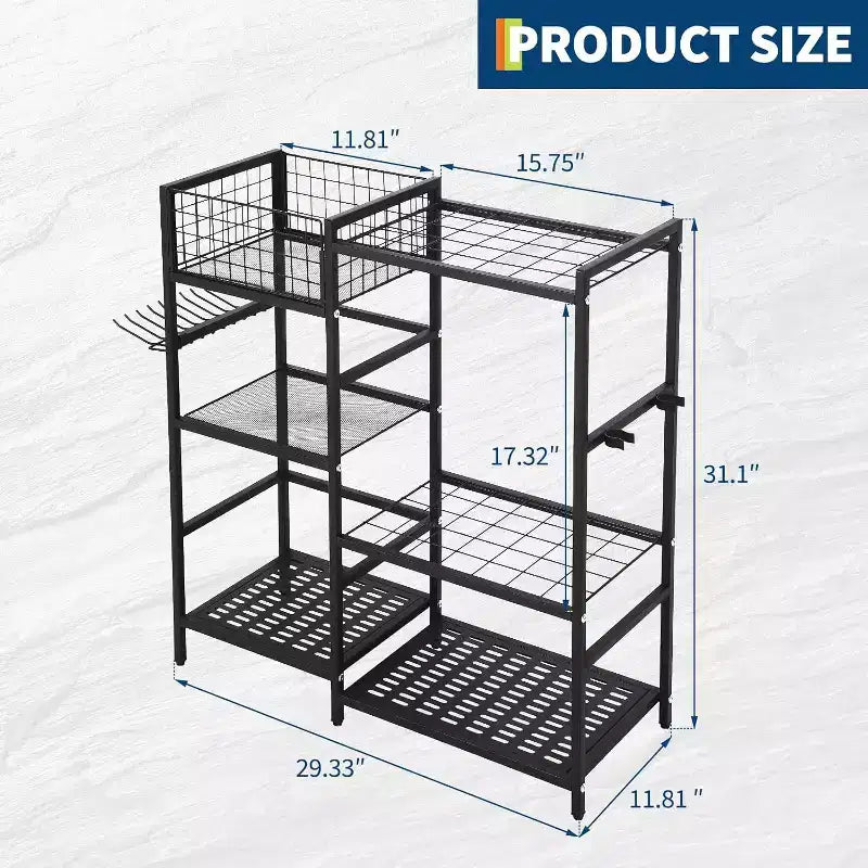 Organisateur d'outils de jardin, rangement d'outils de garage robuste à 3 niveaux avec étagères et fentes pour outils à long manche, organisateurs et rangement d'outils autoportants pour cour et pelouse