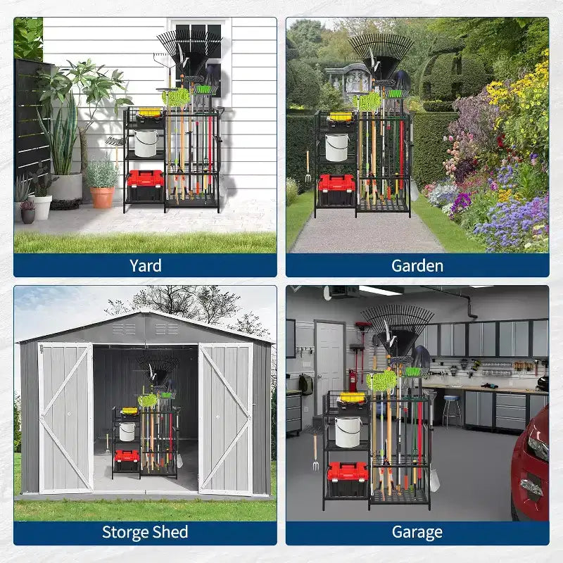 Organisateur d'outils de jardin, rangement d'outils de garage robuste à 3 niveaux avec étagères et fentes pour outils à long manche, organisateurs et rangement d'outils autoportants pour cour et pelouse
