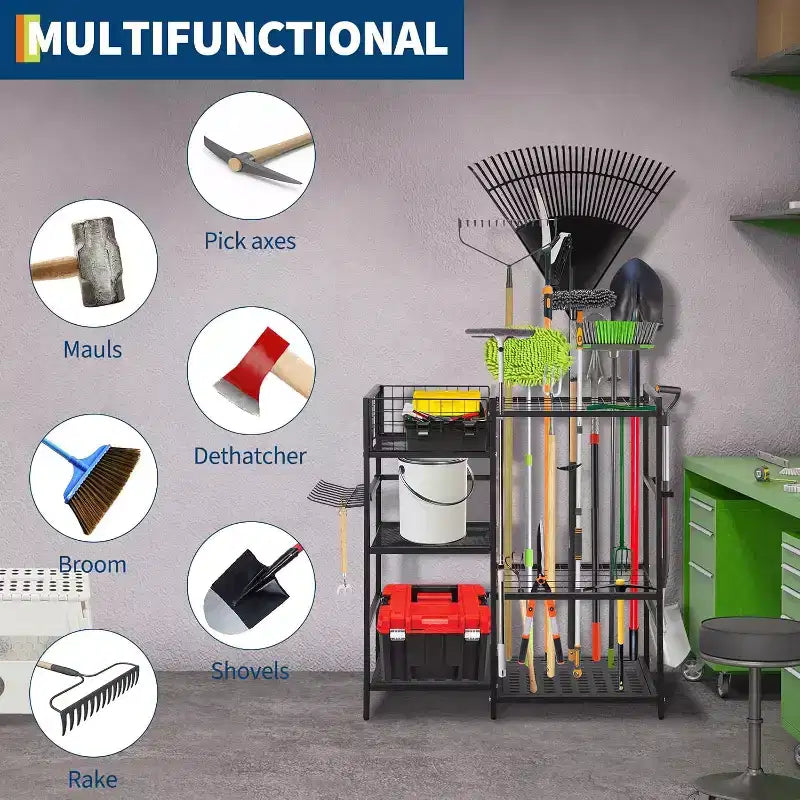 Organisateur d'outils de jardin, rangement d'outils de garage robuste à 3 niveaux avec étagères et fentes pour outils à long manche, organisateurs et rangement d'outils autoportants pour cour et pelouse