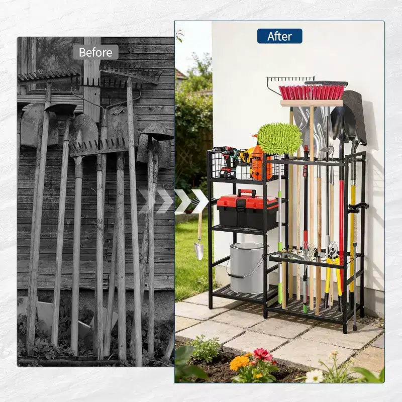 Organisateur d'outils de jardin, rangement d'outils de garage robuste à 3 niveaux avec étagères et fentes pour outils à long manche, organisateurs et rangement d'outils autoportants pour cour et pelouse
