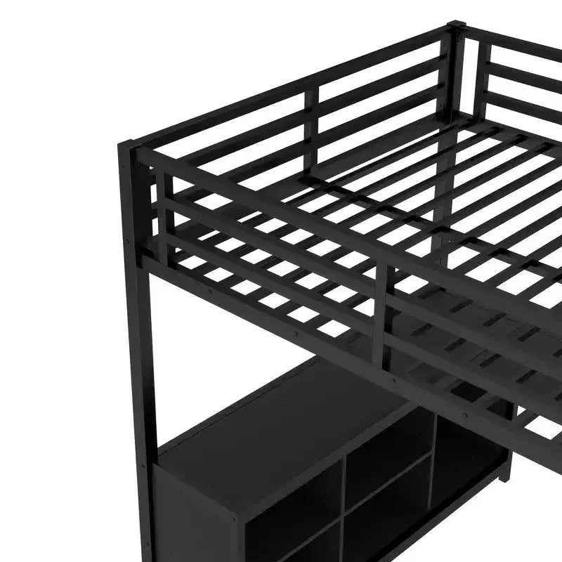 Lit mezzanine Bellemave en métal avec armoire, bureau en L, casiers de rangement et étagères, lit compact pour enfants, adolescents et adultes, noir