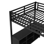 Lit mezzanine Bellemave en métal avec armoire, bureau en L, casiers de rangement et étagères, lit compact pour enfants, adolescents et adultes, noir
