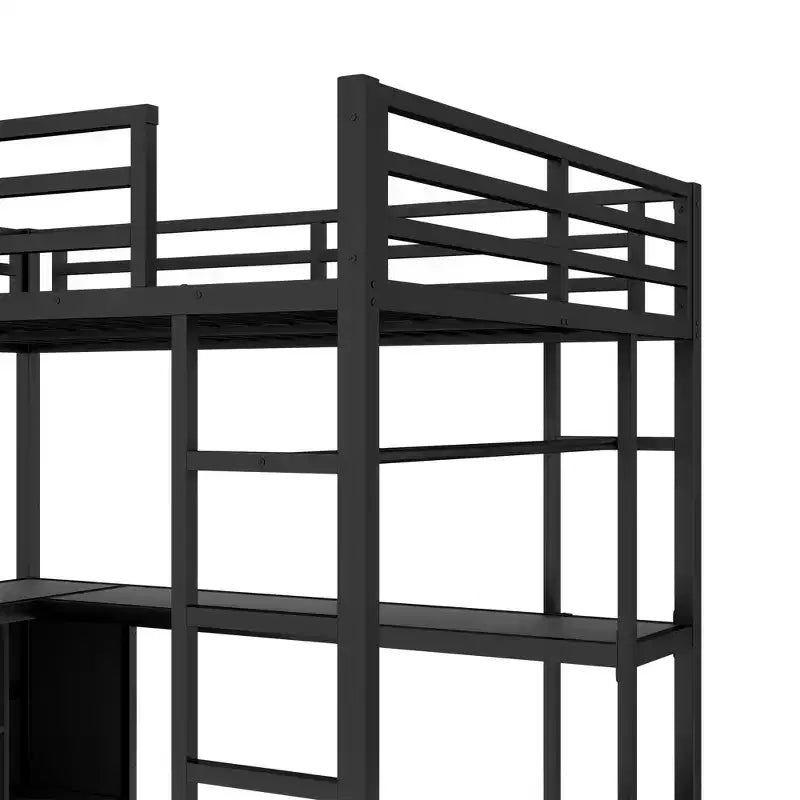 Lit mezzanine Bellemave en métal avec armoire, bureau en L, casiers de rangement et étagères, lit compact pour enfants, adolescents et adultes, noir