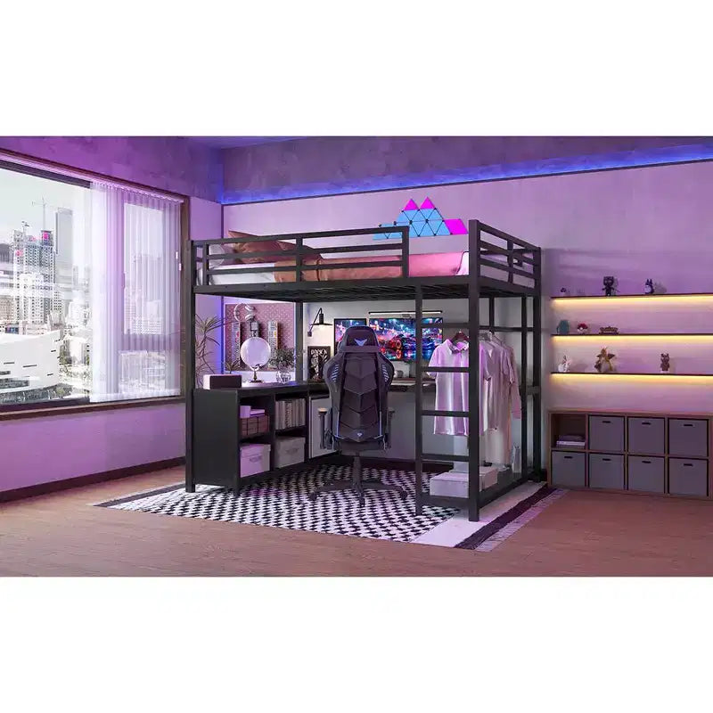 Lit mezzanine Bellemave en métal avec armoire, bureau en L, casiers de rangement et étagères, lit compact pour enfants, adolescents et adultes, noir