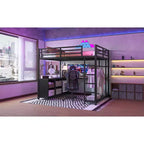 Lit mezzanine Bellemave en métal avec armoire, bureau en L, casiers de rangement et étagères, lit compact pour enfants, adolescents et adultes, noir