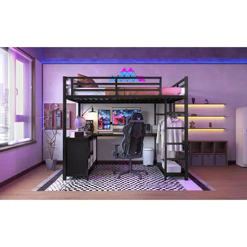 Lit mezzanine Bellemave en métal avec armoire, bureau en L, casiers de rangement et étagères, lit compact pour enfants, adolescents et adultes, noir