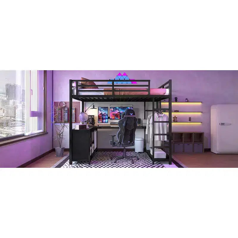Lit mezzanine Bellemave en métal avec armoire, bureau en L, casiers de rangement et étagères, lit compact pour enfants, adolescents et adultes, noir