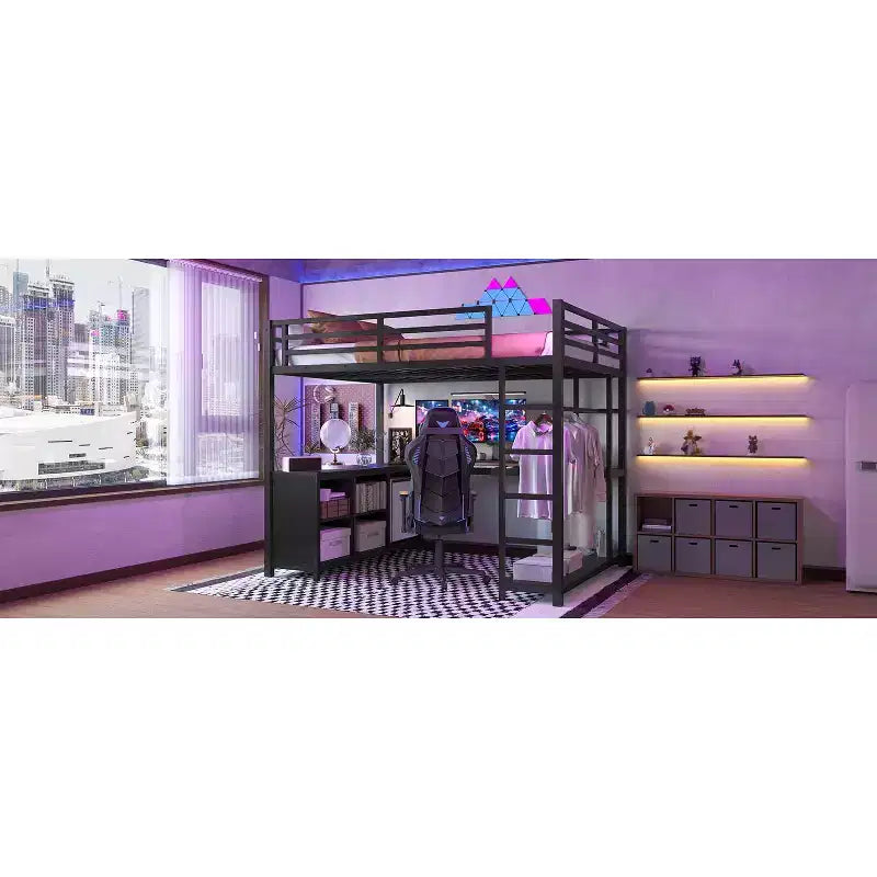 Lit mezzanine Bellemave en métal avec armoire, bureau en L, casiers de rangement et étagères, lit compact pour enfants, adolescents et adultes, noir