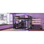 Lit mezzanine Bellemave en métal avec armoire, bureau en L, casiers de rangement et étagères, lit compact pour enfants, adolescents et adultes, noir