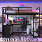 Lit mezzanine Bellemave en métal avec armoire, bureau en L, casiers de rangement et étagères, lit compact pour enfants, adolescents et adultes, noir
