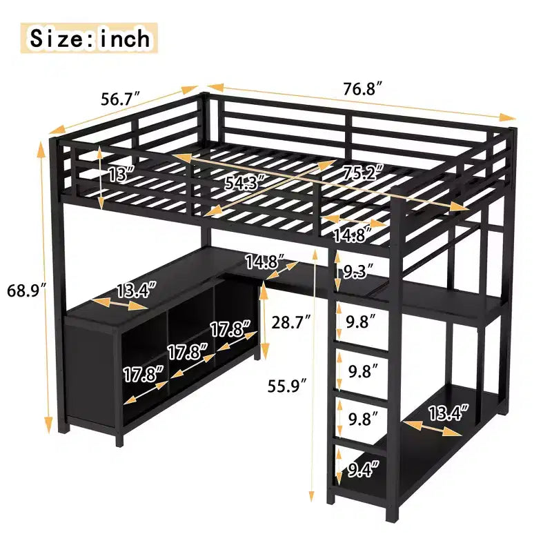 Lit mezzanine Bellemave en métal avec armoire, bureau en L, casiers de rangement et étagères, lit compact pour enfants, adolescents et adultes, noir