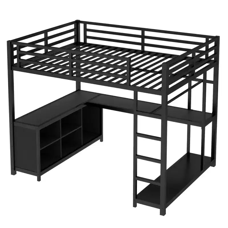 Lit mezzanine Bellemave en métal avec armoire, bureau en L, casiers de rangement et étagères, lit compact pour enfants, adolescents et adultes, noir