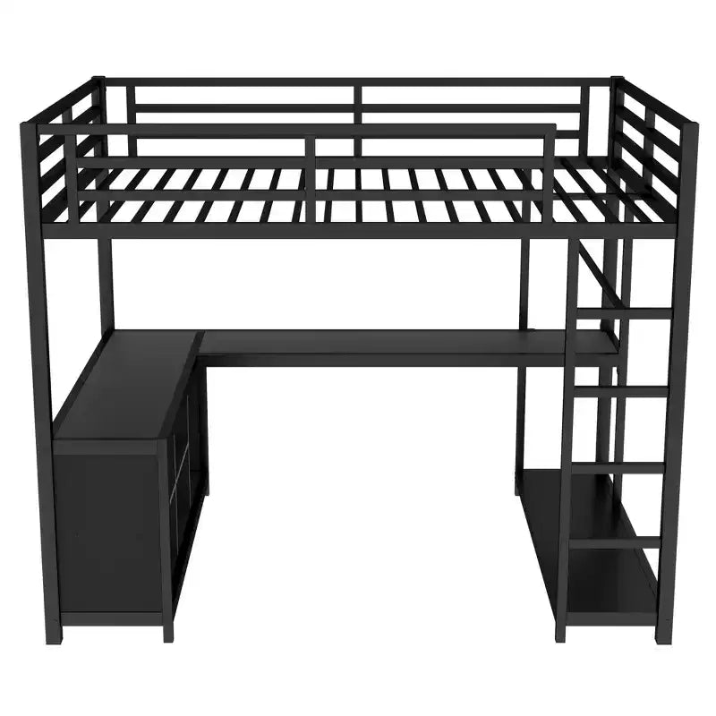 Lit mezzanine Bellemave en métal avec armoire, bureau en L, casiers de rangement et étagères, lit compact pour enfants, adolescents et adultes, noir