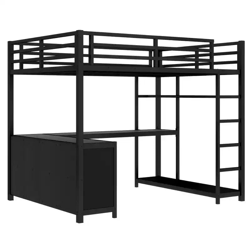 Lit mezzanine Bellemave en métal avec armoire, bureau en L, casiers de rangement et étagères, lit compact pour enfants, adolescents et adultes, noir