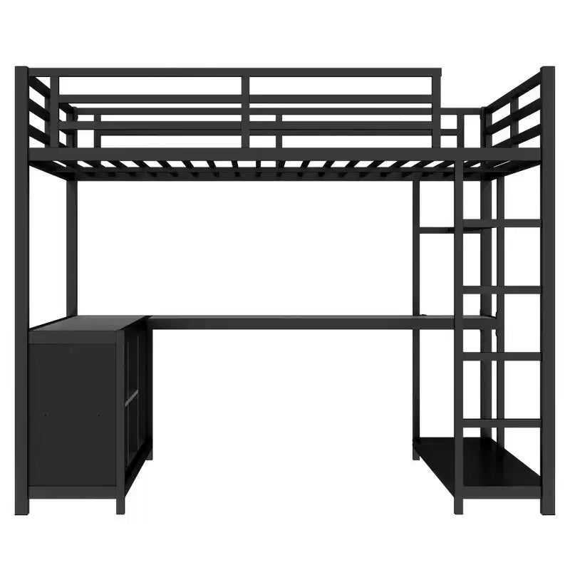 Lit mezzanine Bellemave en métal avec armoire, bureau en L, casiers de rangement et étagères, lit compact pour enfants, adolescents et adultes, noir