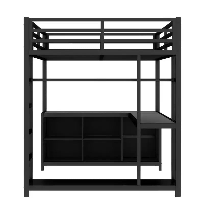 Lit mezzanine Bellemave en métal avec armoire, bureau en L, casiers de rangement et étagères, lit compact pour enfants, adolescents et adultes, noir