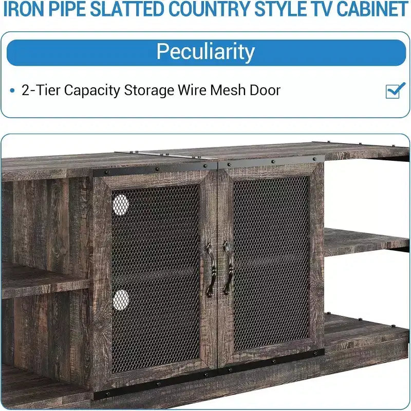 Meuble TV de ferme moderne avec 2 portes grillagées et placards de rangement pour téléviseurs jusqu'à 70 pouces, console de centre de divertissement en bois