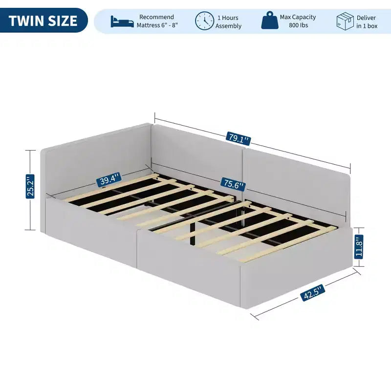 Lit de repos double Acekool avec tiroirs de rangement, cadre de lit d'angle tapissé de velours avec barrières, gris clair ou beige