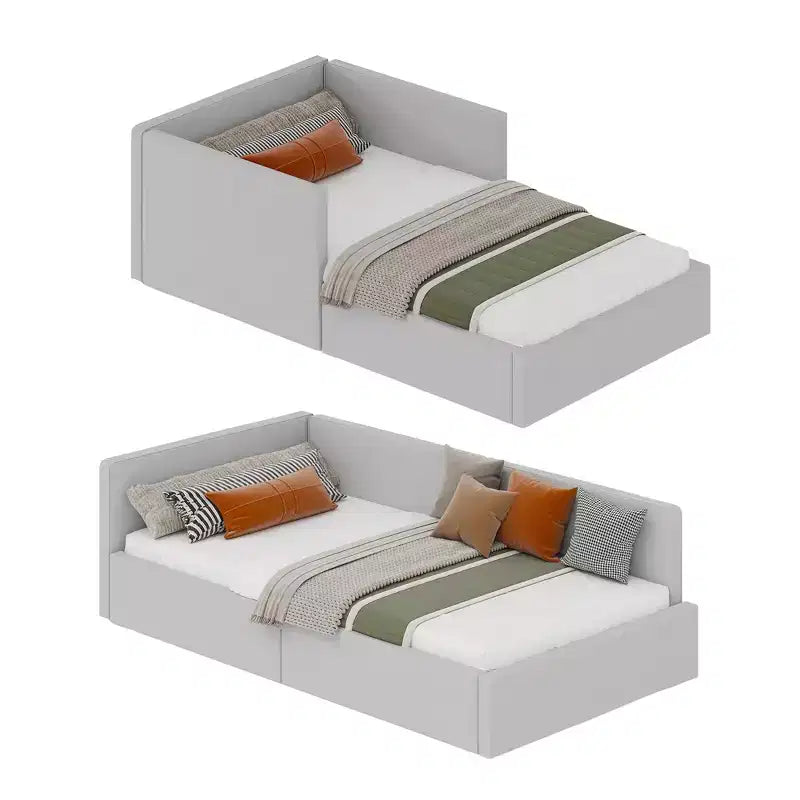 Lit de repos double Acekool avec tiroirs de rangement, cadre de lit d'angle tapissé de velours avec barrières, gris clair ou beige