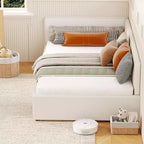 Lit de repos double Acekool avec tiroirs de rangement, cadre de lit d'angle tapissé de velours avec barrières, gris clair ou beige