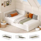 Lit de repos double Acekool avec tiroirs de rangement, cadre de lit d'angle tapissé de velours avec barrières, gris clair ou beige
