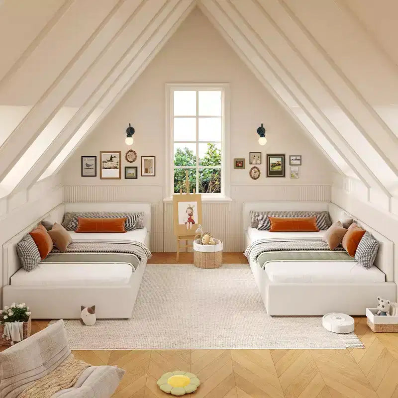 Lit de repos double Acekool avec tiroirs de rangement, cadre de lit d'angle tapissé de velours avec barrières, gris clair ou beige