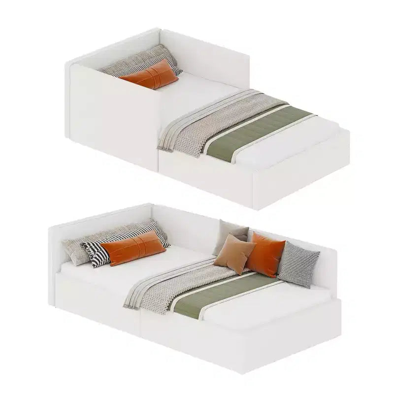 Lit de repos double Acekool avec tiroirs de rangement, cadre de lit d'angle tapissé de velours avec barrières, gris clair ou beige