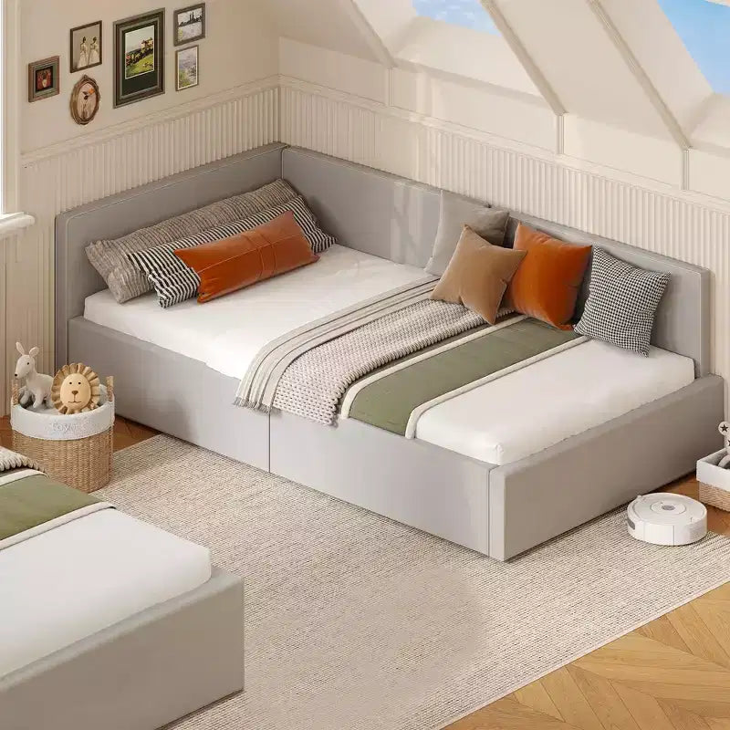 Lit de repos double Acekool avec tiroirs de rangement, cadre de lit d'angle tapissé de velours avec barrières, gris clair ou beige