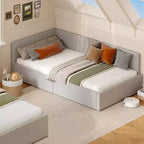 Lit de repos double Acekool avec tiroirs de rangement, cadre de lit d'angle tapissé de velours avec barrières, gris clair ou beige