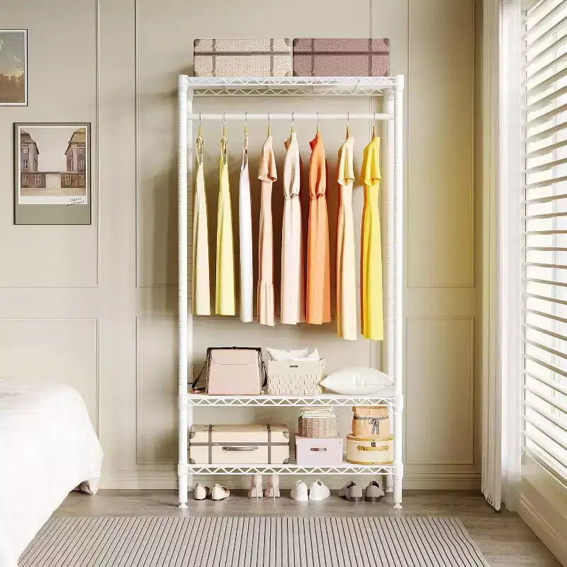 Portant à vêtements 3 niveaux avec étagères, Portants portables autoportants avec tringle à suspendre, Portant à vêtements réglable peu encombrant pour chambre à coucher