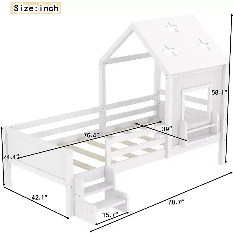 Lit cabane GDFStudio Osha moderne avec escalier bas, fenêtre et bibliothèque