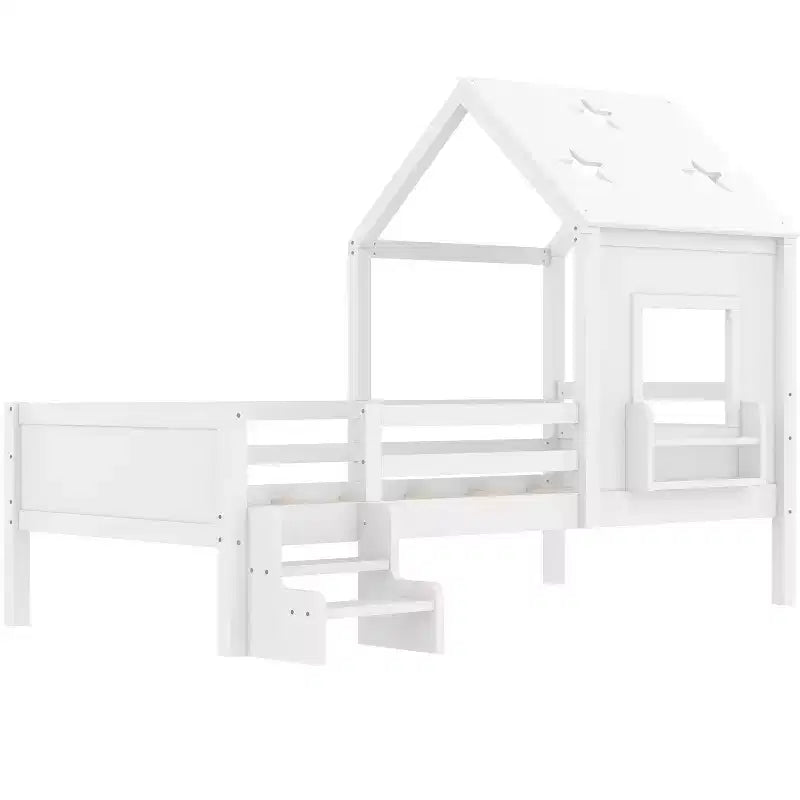 Lit cabane GDFStudio Osha moderne avec escalier bas, fenêtre et bibliothèque