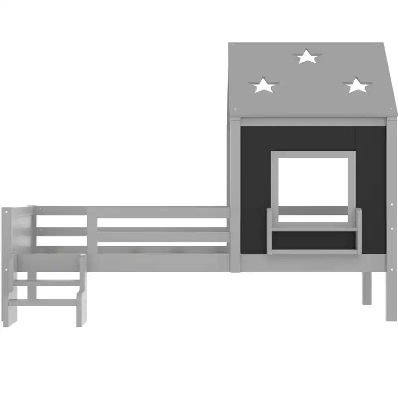 Lit cabane GDFStudio Osha moderne avec escalier bas, fenêtre et bibliothèque