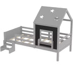 Lit cabane GDFStudio Osha moderne avec escalier bas, fenêtre et bibliothèque