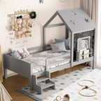 GDFStudio Osha Modern House Bed with Low-Profile Stairs, Window and Bookcase