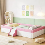 Luxystar Twin Size Upholstered Daybed Frame with Fence and Stairs for Kids Room, Pink+White