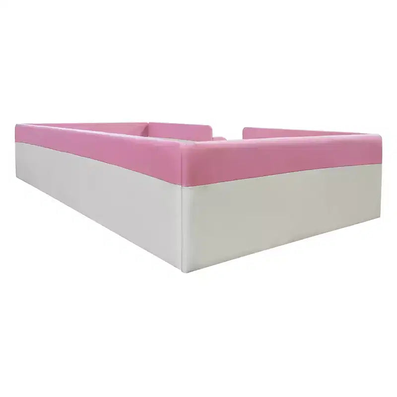 Cadre de lit de repos capitonné Luxystar de taille double avec clôture et escalier pour chambre d'enfant, rose+blanc