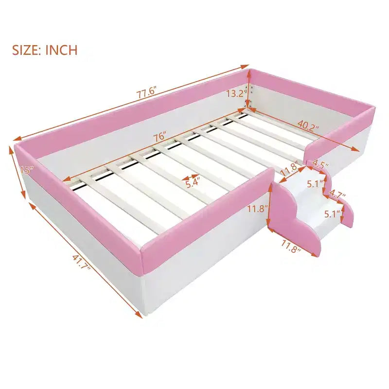 Cadre de lit de repos capitonné Luxystar de taille double avec clôture et escalier pour chambre d'enfant, rose+blanc