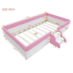 Cadre de lit de repos capitonné Luxystar de taille double avec clôture et escalier pour chambre d'enfant, rose+blanc